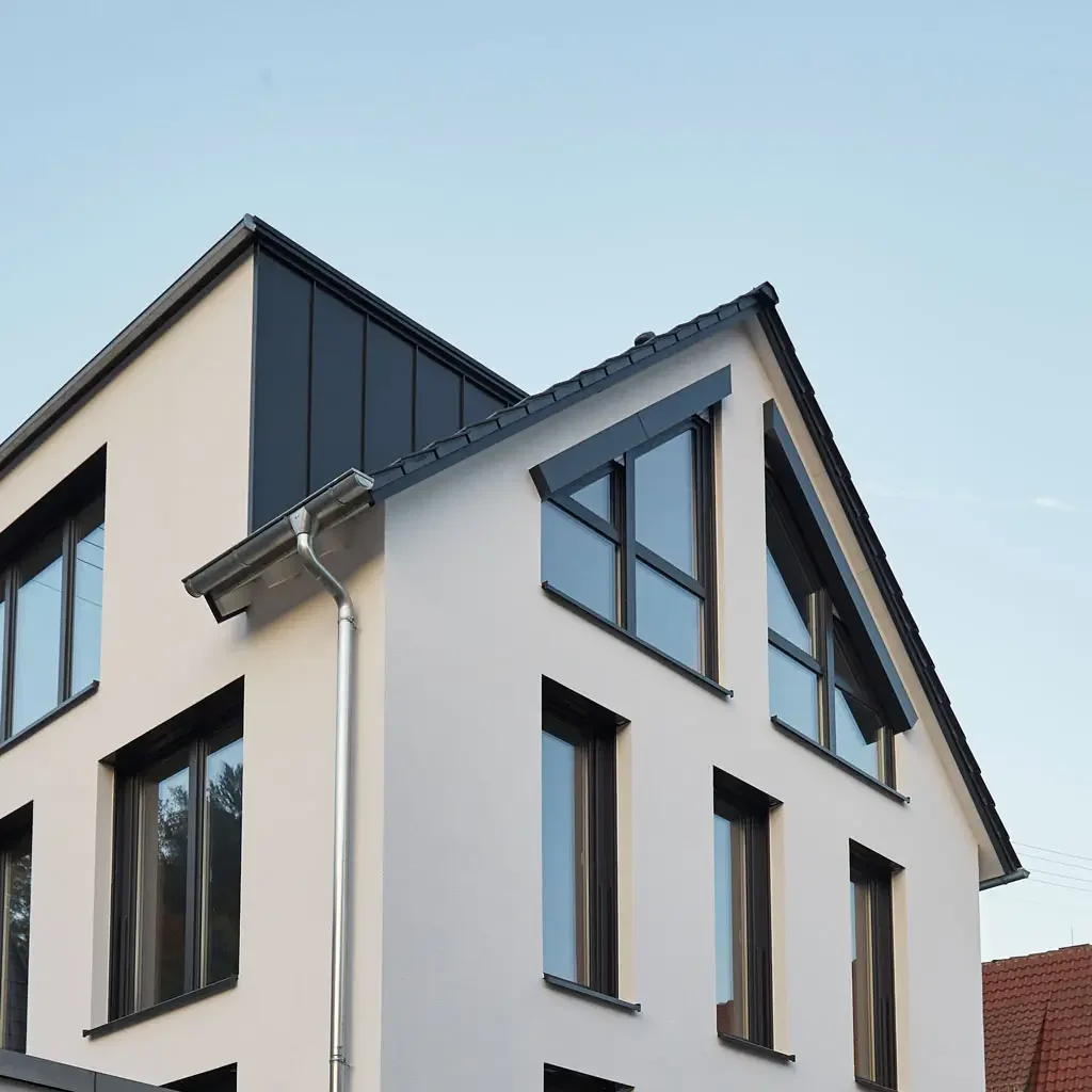Weiß & Sohn - Glaserei, Fensterbau Komplettlösungen Modernes zweigeschossiges Wohnhaus mit rotem Satteldach, drei Dachgauben, symmetrischer Fensteranordnung und zwei kleinen Bäumen vor dem Eingang