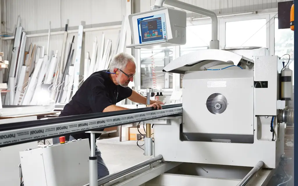 Handwerker schneidet in Werkstatt mit Schutzbrille und Gehörschutz Fensterrahmenteile an einer computergesteuerten Maschine zu