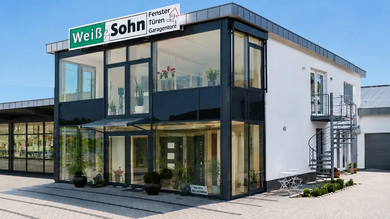 Modernes Bürogebäude mit großer Glasfassade und weißer Außenwand, auf der ein Schild mit der Aufschrift 'Weiß Sohn Fenster Türen Garagentore' angebracht ist