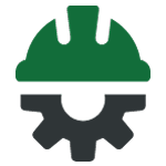 Piktogramm eines Zahnrads mit einem grünen Bauhelm darüber
