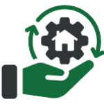 Piktogramm einer Hand, die ein Zahnrad mit einem Haus-Symbol hält, umgeben von zwei Pfeilen, die einen Kreislauf darstellen